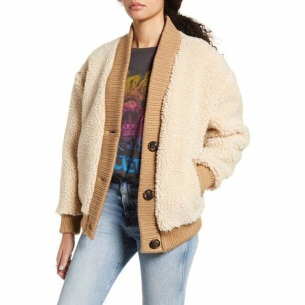 BP. Women's Faux Fur Coat Cardi Faux Shearling Buttoned Jacket - Tan Lion XL NWT